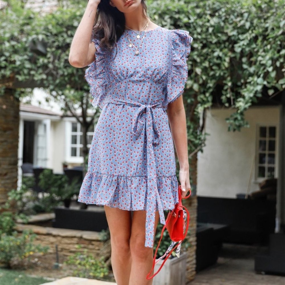 Rose Print Ruffle Trim Self-Tie Belted Mini Dress - Picture 2 of 4